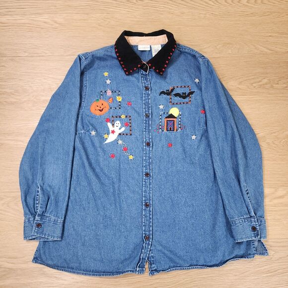 White Stag Denim Shirt Embroidered Fall Pumpkin Corduroy Collar 16W Plus Jean - Picture 2 of 11